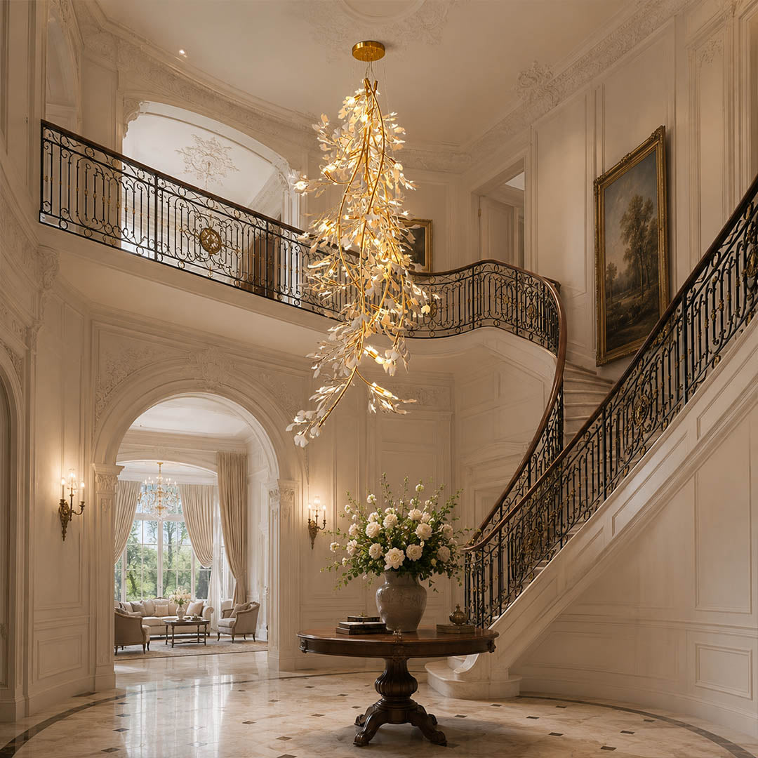Gingko Chandelier Style L Model A linear rectangular staircase 2 3 story home statement mid century modern architectural botanical warm ambient lifestyle interior