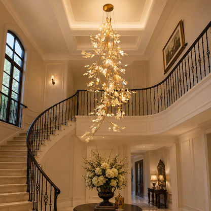 Gingko Chandelier Style L Model B round vertical XL 39.4 inch double height foyer staircase entryway statement mid century modern architectural botanical warm ambient lifestyle interior