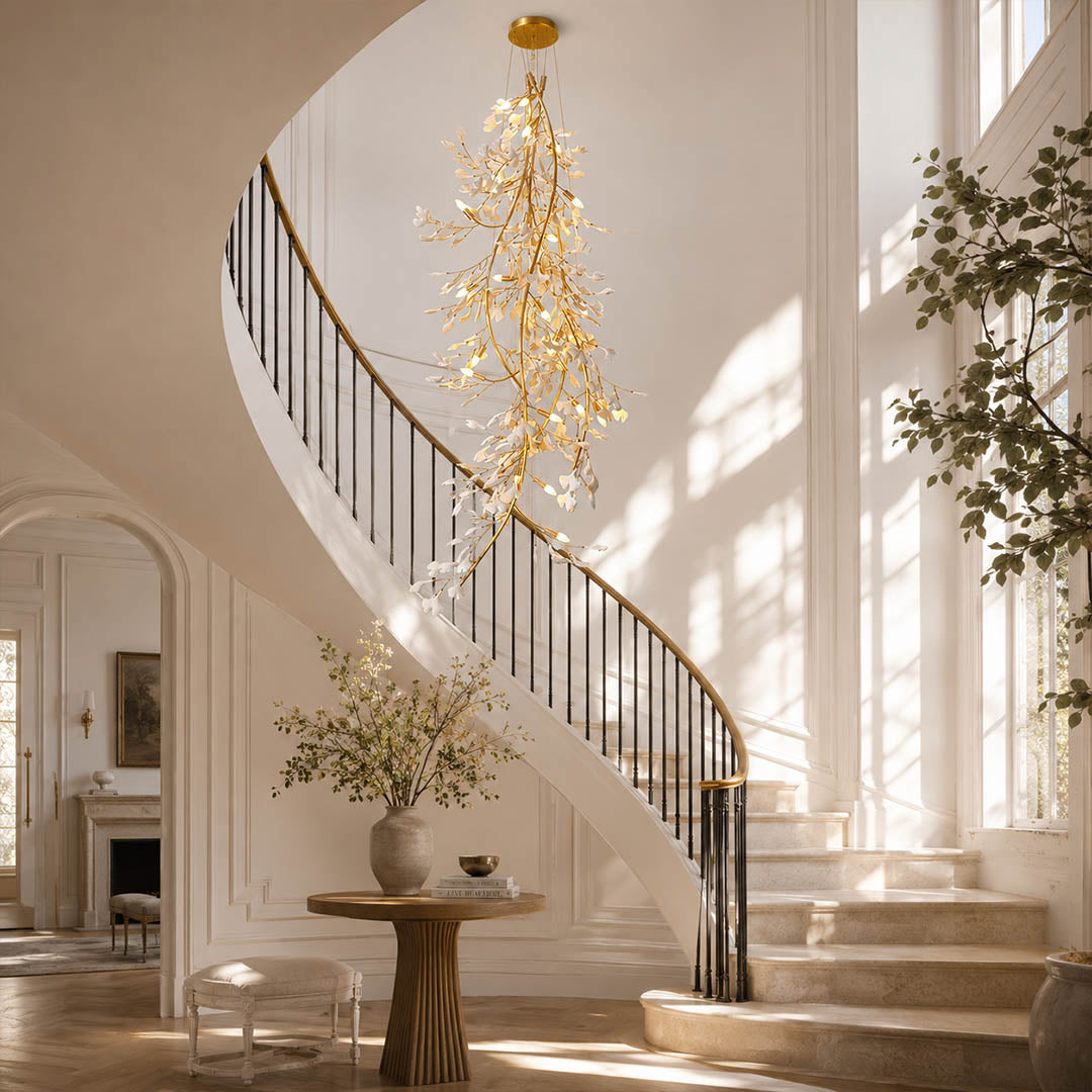 Gingko Chandelier Style L Model A linear rectangular staircase 2 3 story home statement mid century modern architectural botanical warm ambient lifestyle interior