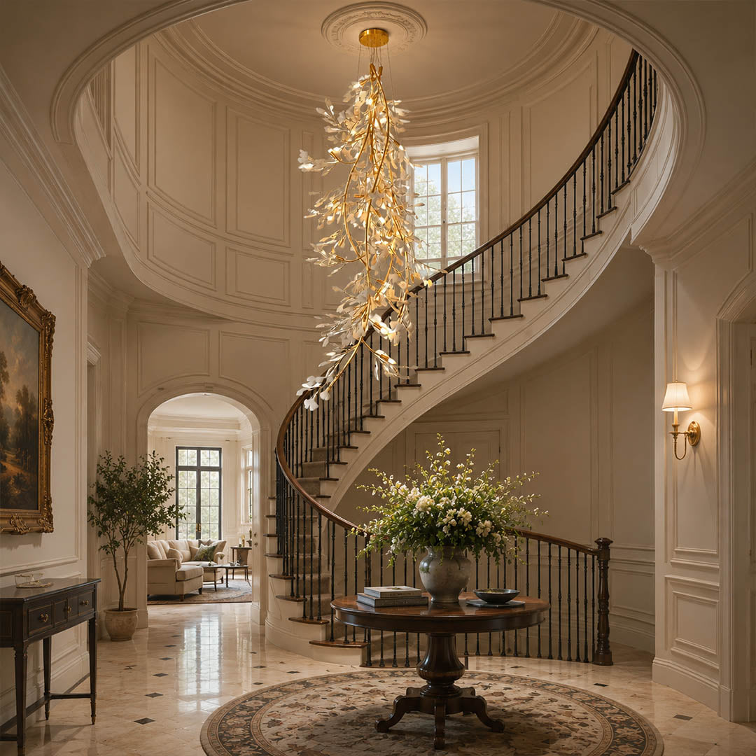 Gingko Chandelier Style L Model B round vertical XL 39.4 inch double height foyer staircase entryway statement mid century modern architectural botanical warm ambient lifestyle interior
