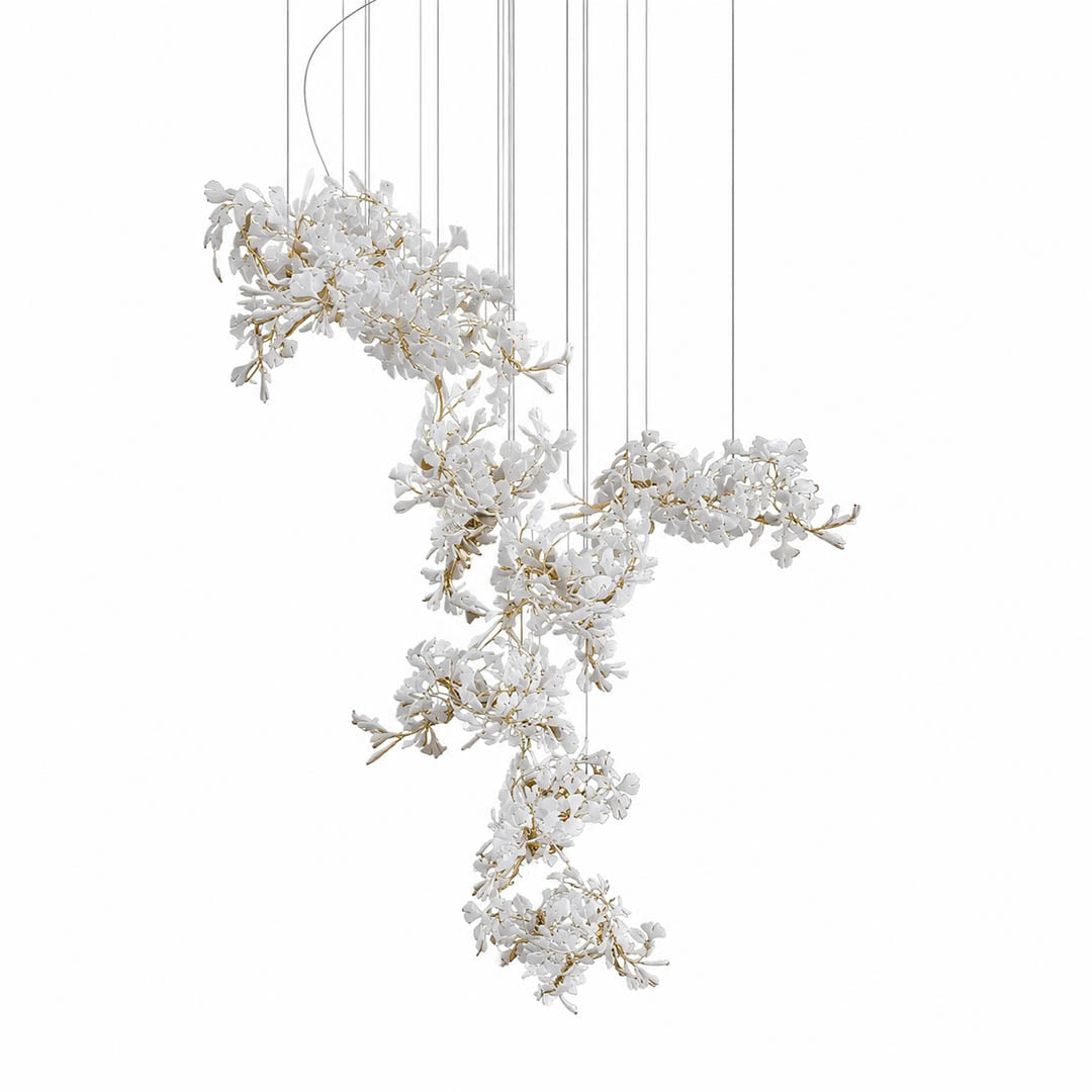 Gingko Chandelier Style M Model E flagship oversized 137.8 inch handcrafted porcelain ginkgo leaves Rose Gold frame ceramic statement mid century hotel lobby commercial architectural white background