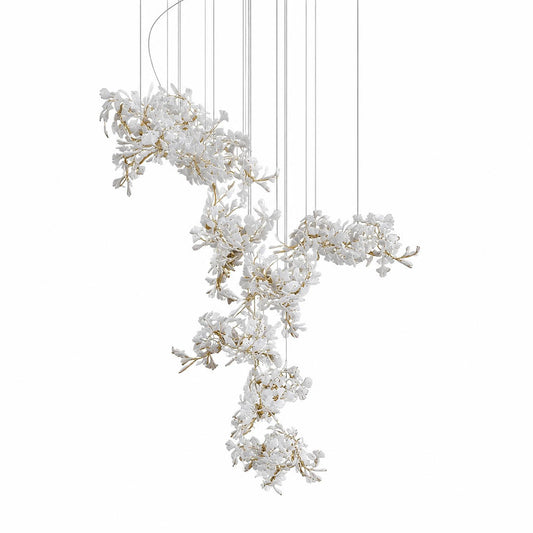Gingko Chandelier Style M Model E flagship oversized 137.8 inch handcrafted porcelain ginkgo leaves Rose Gold frame ceramic statement mid century hotel lobby commercial architectural white background