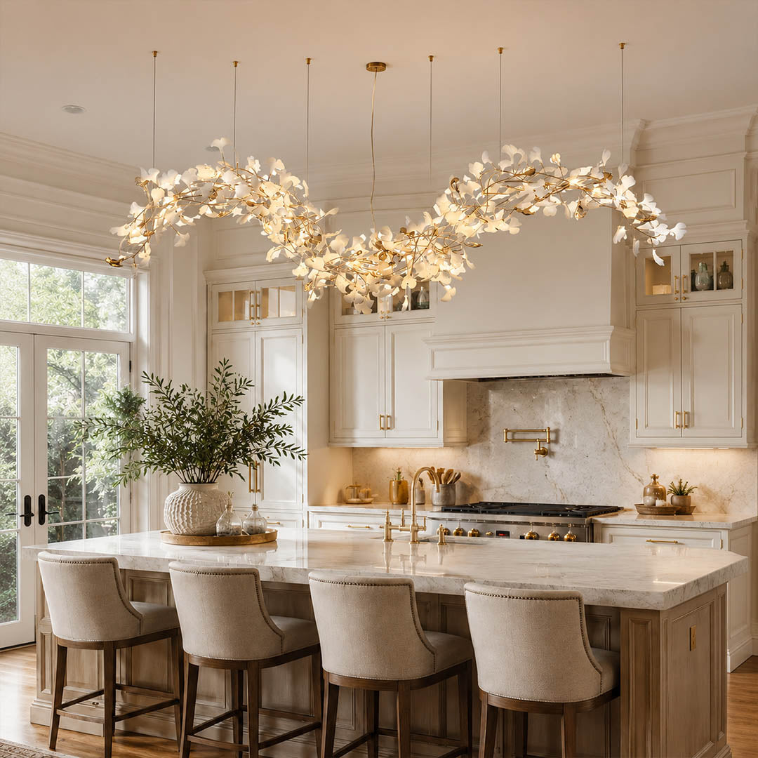 Gingko Chandelier Style M Model C horizontal linear kitchen island long dining counter marble modern mid century statement botanical warm ambient lifestyle interior