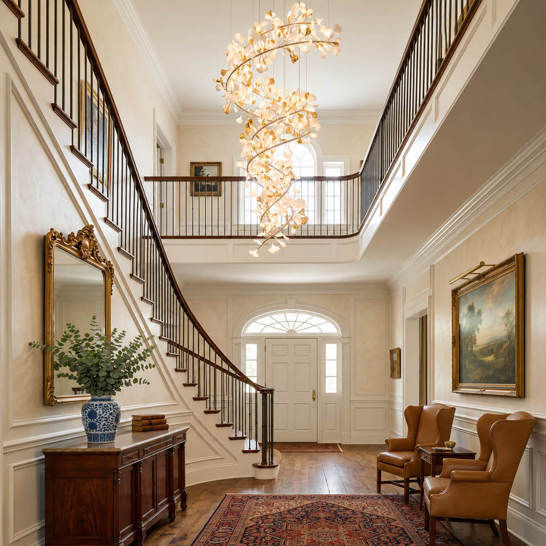 Gingko Chandelier Style M Model D round vertical staircase 3 story home statement architectural mid century modern warm ambient botanical lifestyle interior