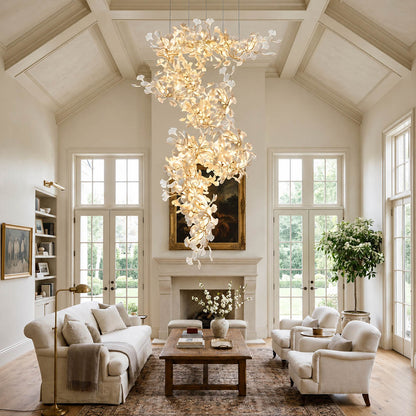 Gingko Chandelier Style M Model D round vertical modern living room walnut credenza seating group statement mid century botanical warm ambient lifestyle interior