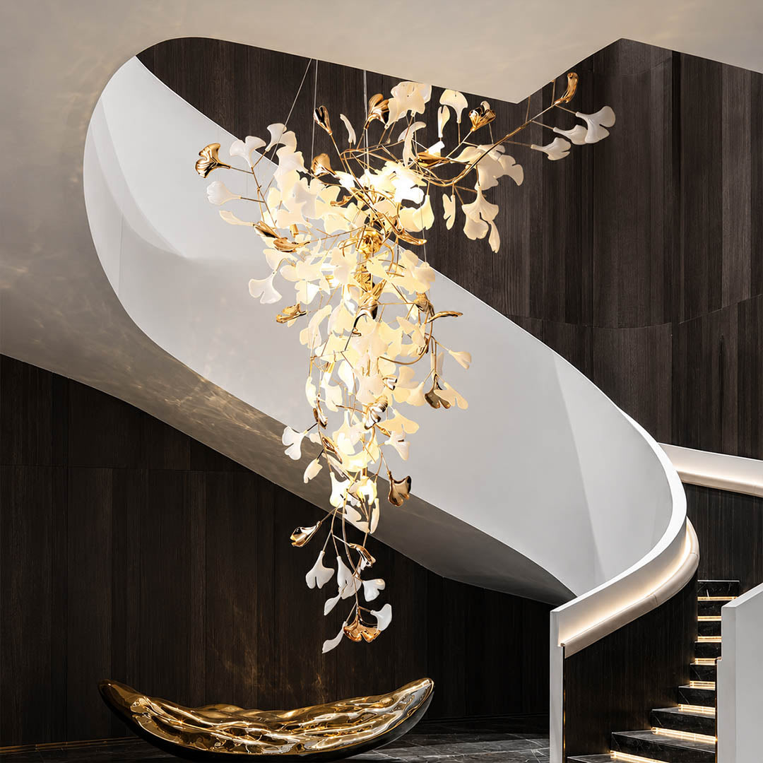 Gingko Chandelier Style M Model D round vertical staircase 3 story home statement architectural mid century modern warm ambient botanical lifestyle interior