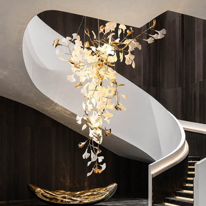 Gingko Chandelier Style M Model D round vertical staircase 3 story home statement architectural mid century modern warm ambient botanical lifestyle interior