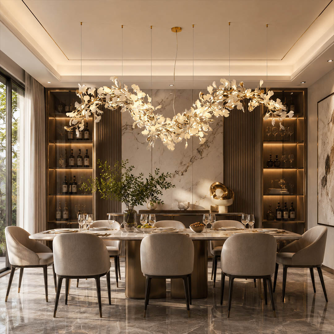 Gingko Chandelier Style M Model B linear vertical modern dining room 8 seat long walnut table statement mid century warm ambient botanical elegant lifestyle interior