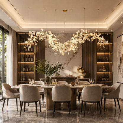 Gingko Chandelier Style M Model B linear vertical modern dining room 8 seat long walnut table statement mid century warm ambient botanical elegant lifestyle interior