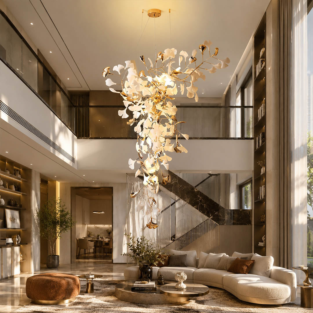 Gingko Chandelier Style M Model D round vertical modern living room walnut credenza seating group statement mid century botanical warm ambient lifestyle interior