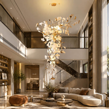 Gingko Chandelier Style M Model D round vertical modern living room walnut credenza seating group statement mid century botanical warm ambient lifestyle interior