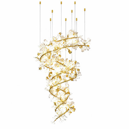 Gingko Chandelier Style M Model A round vertical 31.5 inch handcrafted porcelain ginkgo leaves Rose Gold frame ceramic modern mid century dining bedroom white background