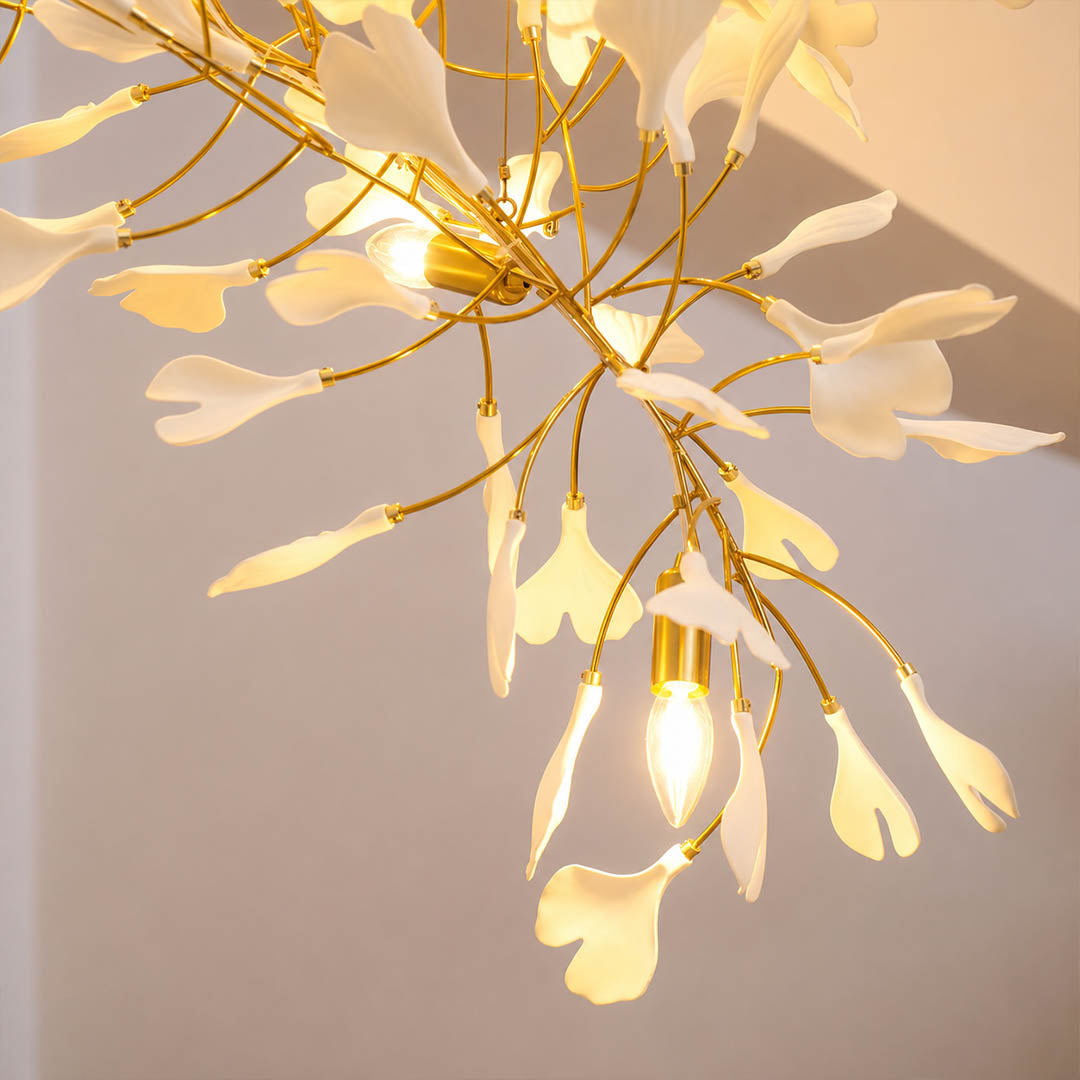 Gingko Chandelier Style M single ceramic hand-glazed porcelain ginkgo leaf matte white botanical detail close up craftsmanship