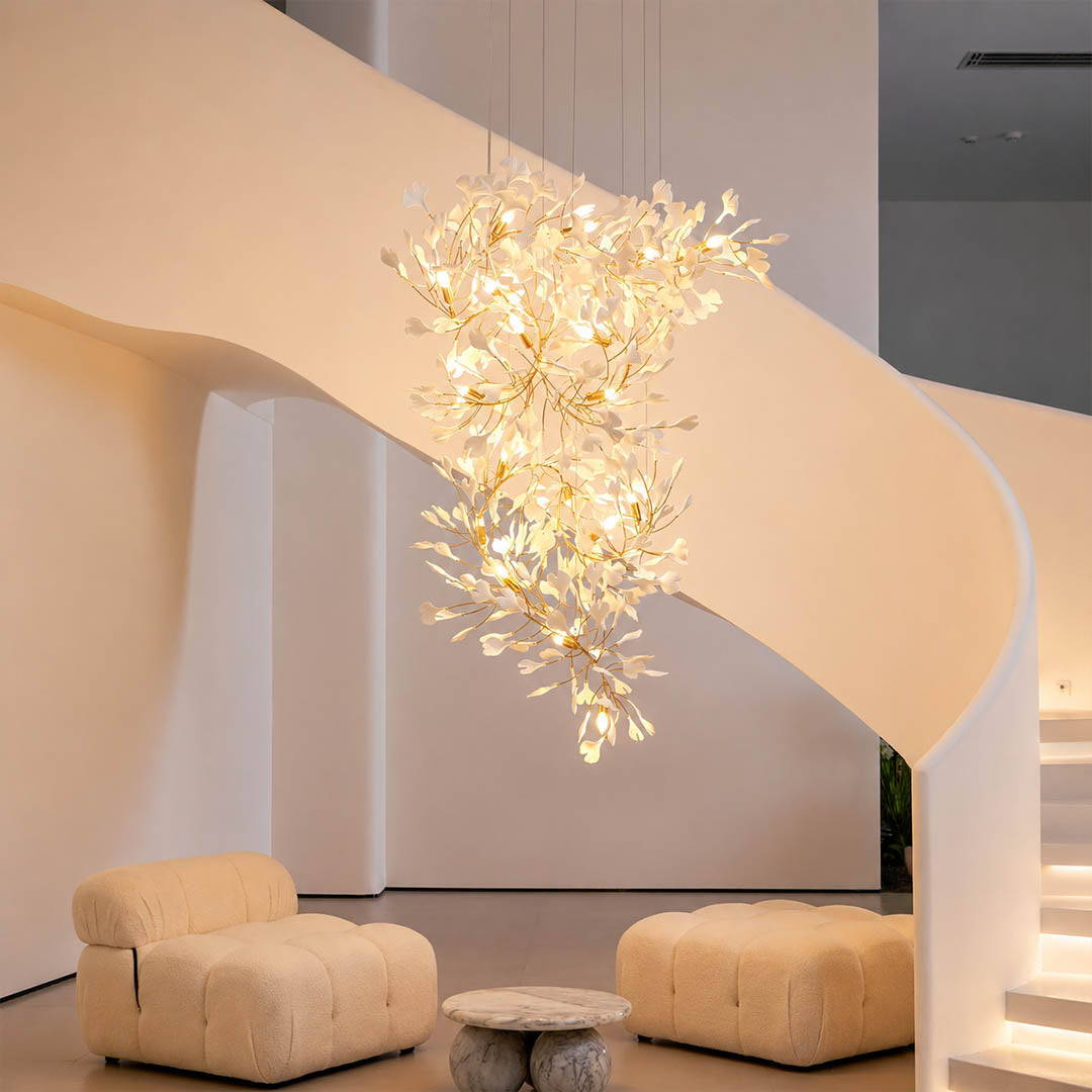 Gingko Chandelier Style M Model D round vertical staircase 3 story home statement architectural mid century modern warm ambient botanical lifestyle interior