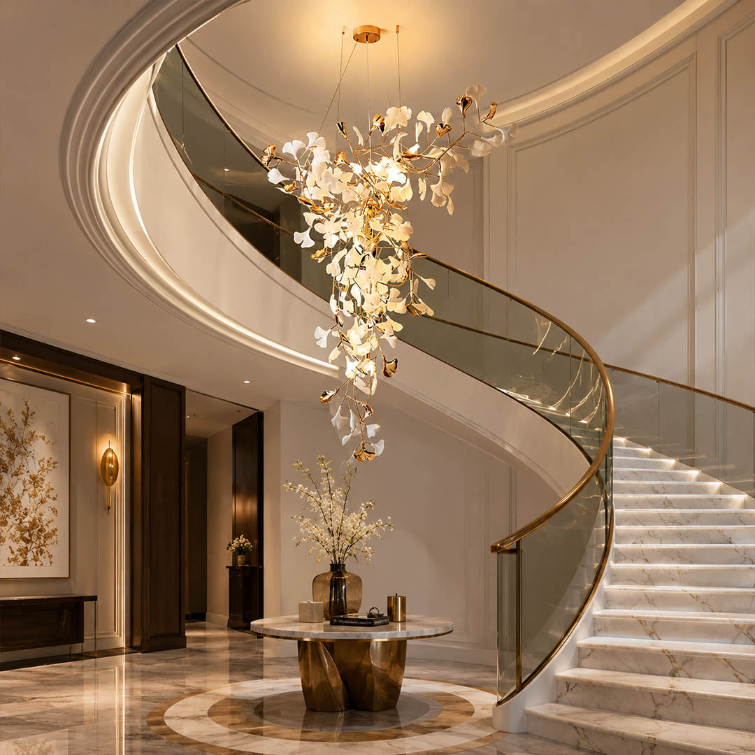 Gingko Chandelier Style M Model D round vertical staircase 3 story home statement architectural mid century modern warm ambient botanical lifestyle interior