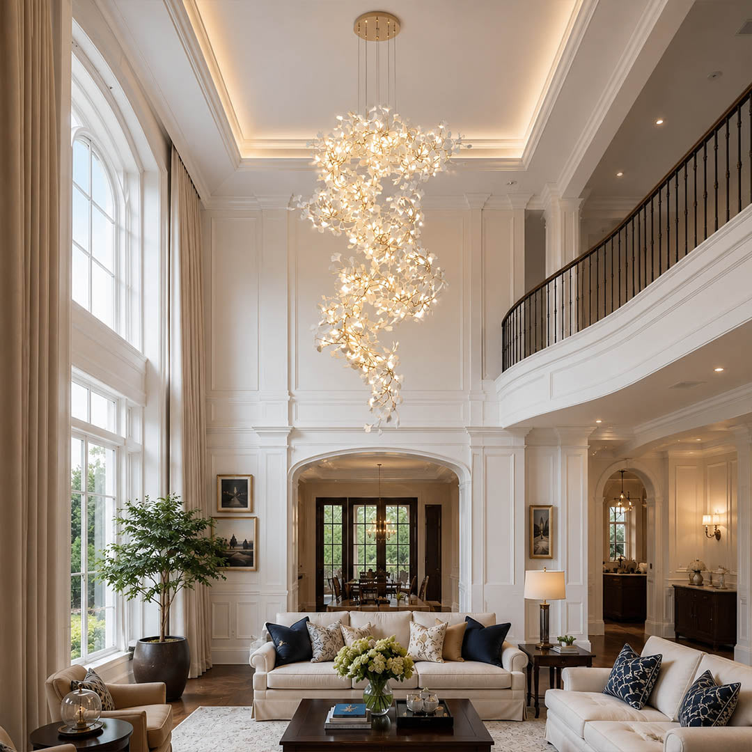 Gingko Chandelier Style M Model A round vertical double height foyer staircase entryway statement mid century modern warm ambient architectural botanical lifestyle interior