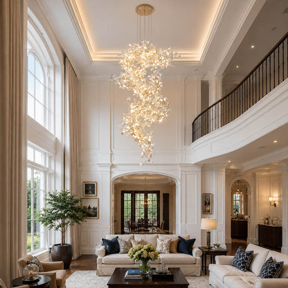 Gingko Chandelier Style M Model A round vertical double height foyer staircase entryway statement mid century modern warm ambient architectural botanical lifestyle interior