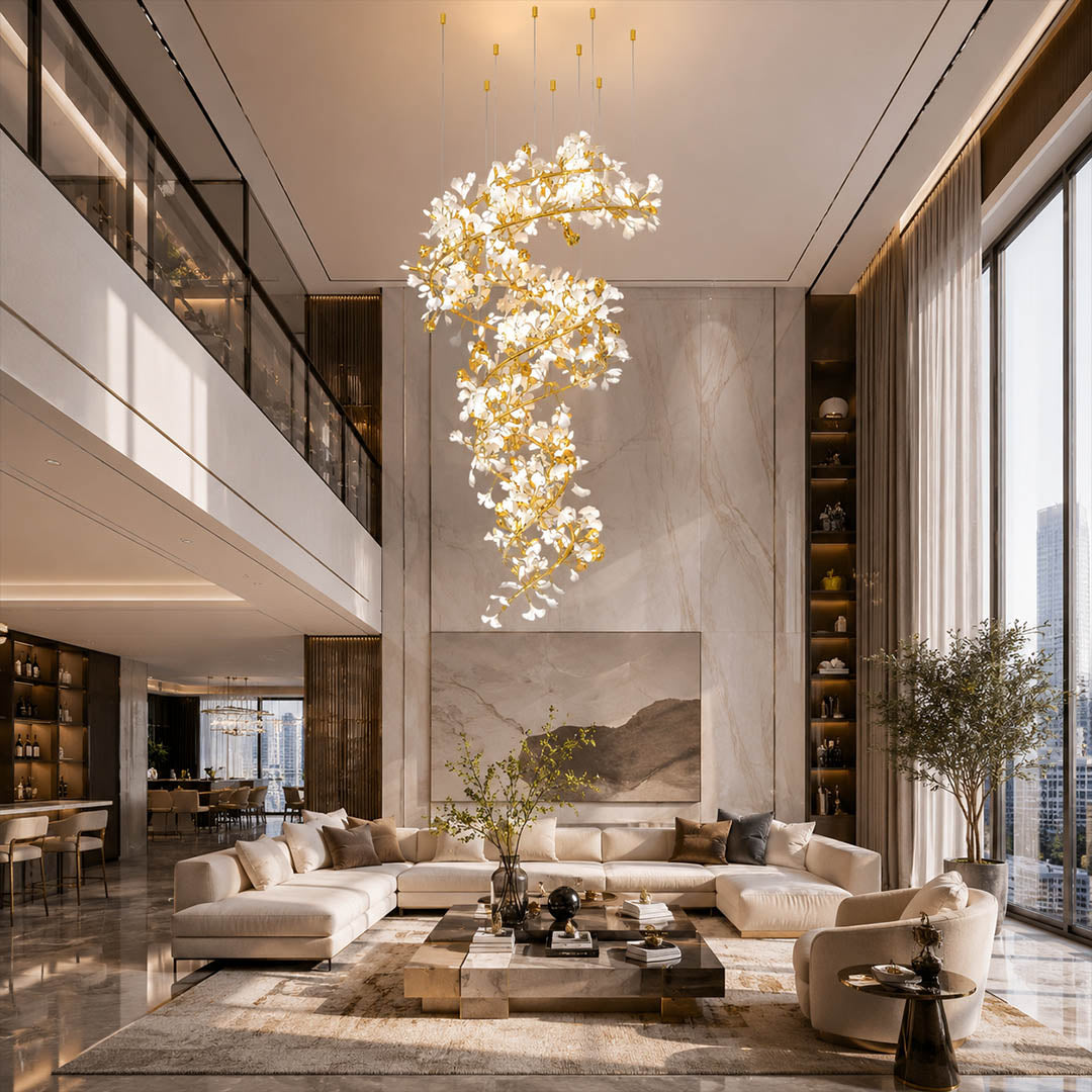 Gingko Chandelier Style M Model A round vertical double height foyer staircase entryway statement mid century modern warm ambient architectural botanical lifestyle interior