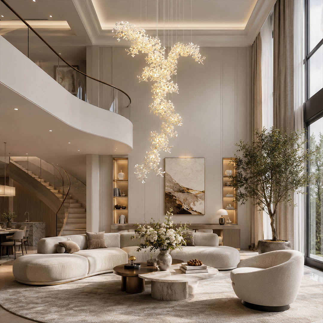 Gingko Chandelier Style M Model D round vertical modern living room walnut credenza seating group statement mid century botanical warm ambient lifestyle interior