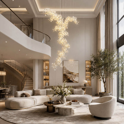 Gingko Chandelier Style M Model D round vertical modern living room walnut credenza seating group statement mid century botanical warm ambient lifestyle interior
