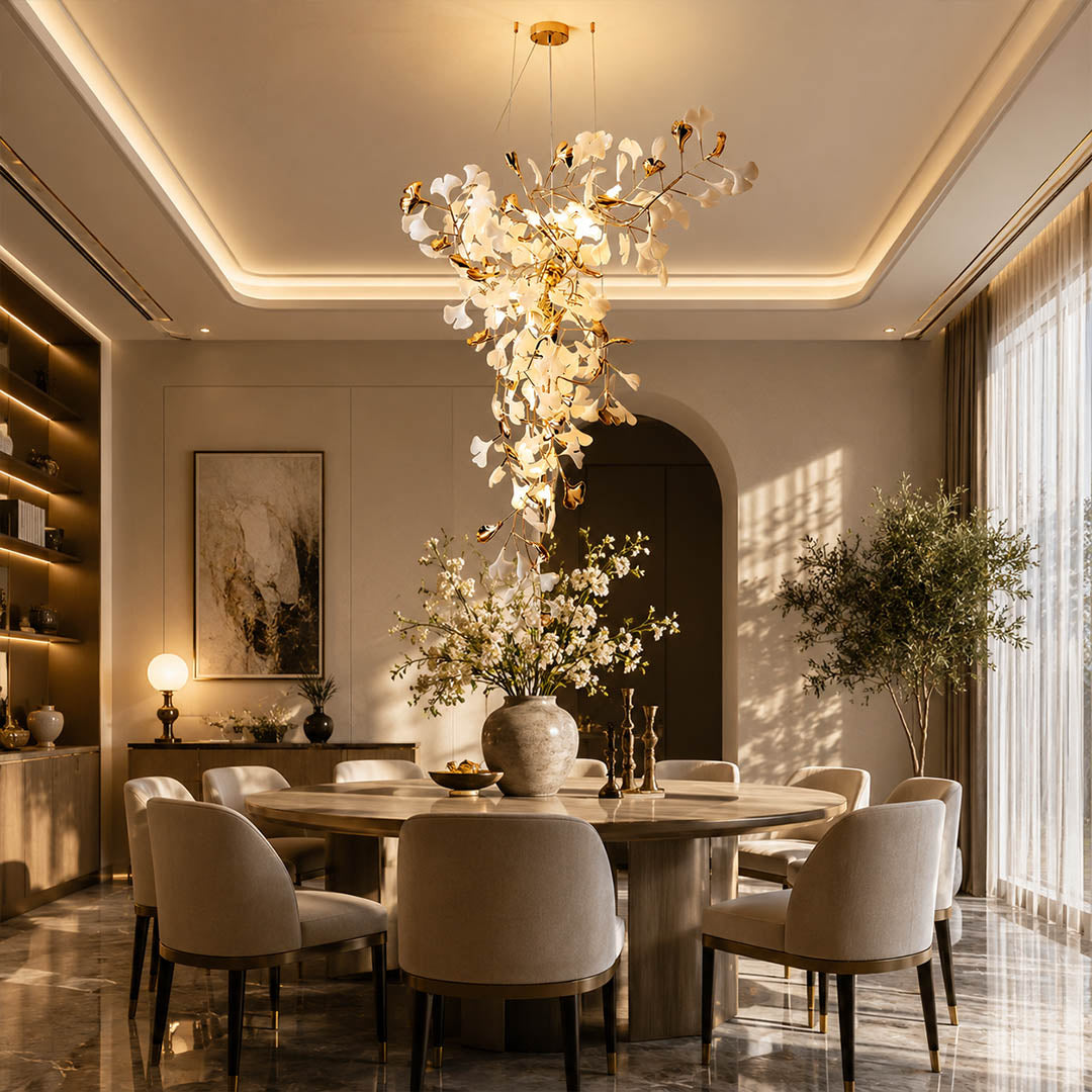 Gingko Chandelier Style M Model B linear vertical fine dining restaurant hospitality private dining commercial mid century modern warm ambient botanical lifestyle interior