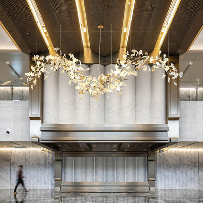 Gingko Chandelier Style M Model E flagship oversized boutique hotel lobby architectural statement mid century modern botanical commercial atrium warm ambient lifestyle interior