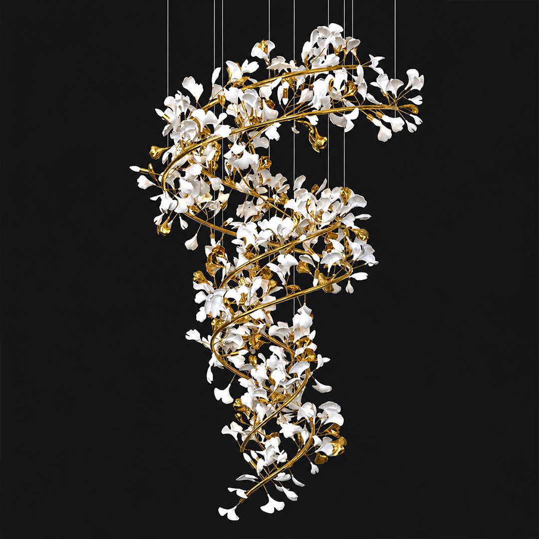 Gingko Chandelier Style M illuminated warm G9 evening ambient glow ceramic leaves soft light atmospheric detail close up mid century