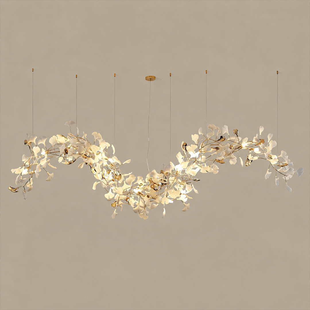 Gingko Chandelier Style M illuminated warm G9 evening ambient glow ceramic leaves soft light atmospheric detail close up mid century