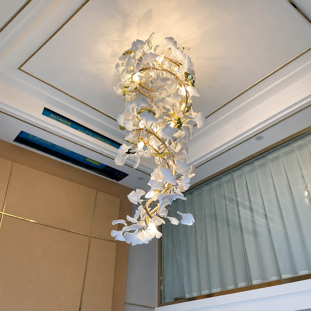 Gingko Chandelier Style M Model A round vertical double height foyer staircase entryway statement mid century modern warm ambient architectural botanical lifestyle interior