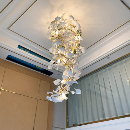 Gingko Chandelier Style M Model A round vertical double height foyer staircase entryway statement mid century modern warm ambient architectural botanical lifestyle interior