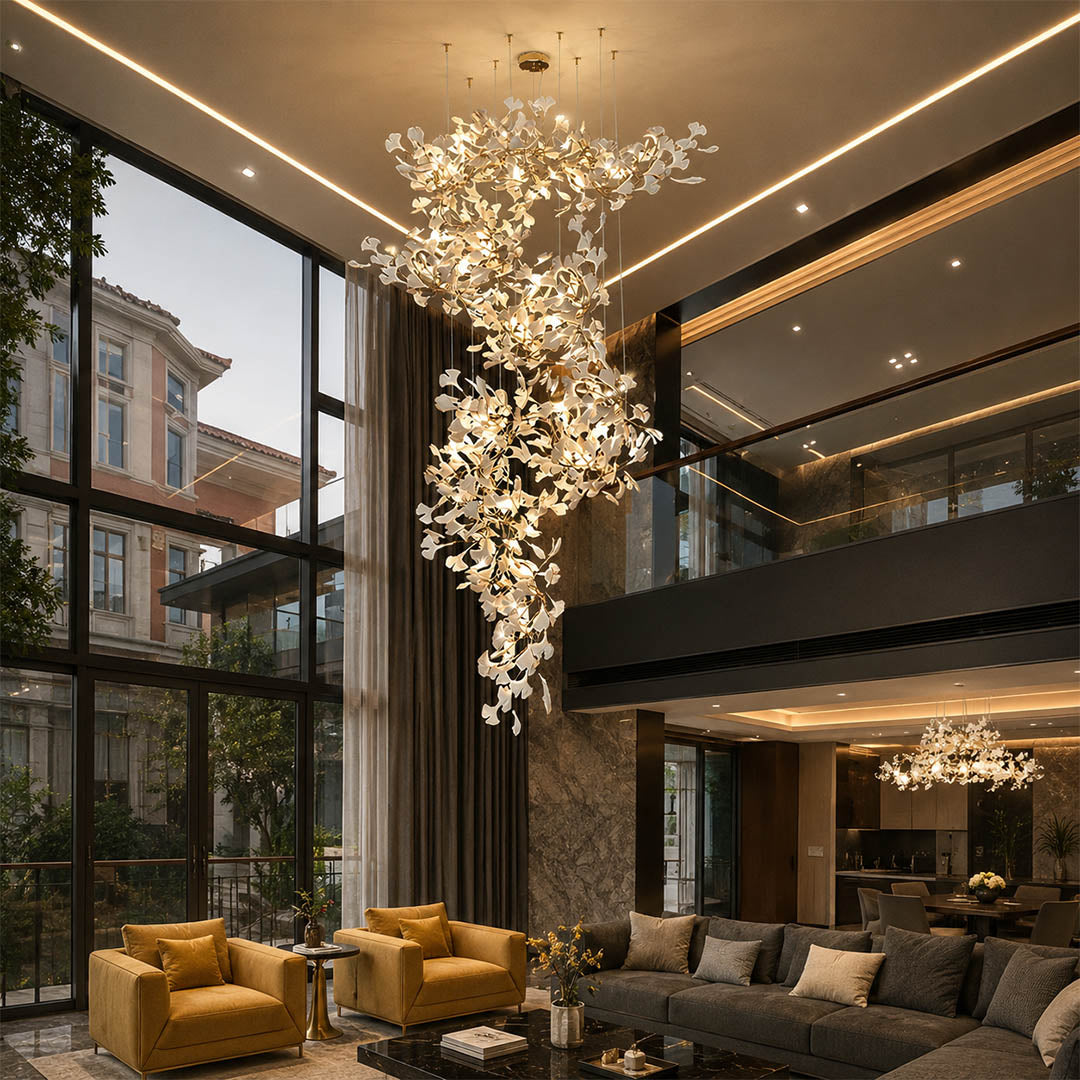 Gingko Chandelier Style M Model D round vertical modern living room walnut credenza seating group statement mid century botanical warm ambient lifestyle interior