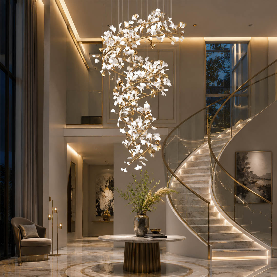 Gingko Chandelier Style M Model A round vertical double height foyer staircase entryway statement mid century modern warm ambient architectural botanical lifestyle interior