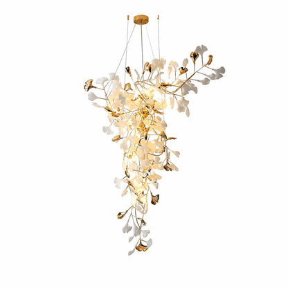 Gingko Chandelier Style M Model B linear vertical 47.2 inch handcrafted porcelain ginkgo leaves Rose Gold frame ceramic modern mid century dining long table staircase white background