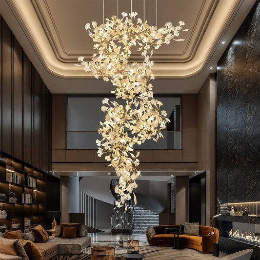 Gingko Chandelier Style M Model D round vertical modern living room walnut credenza seating group statement mid century botanical warm ambient lifestyle interior
