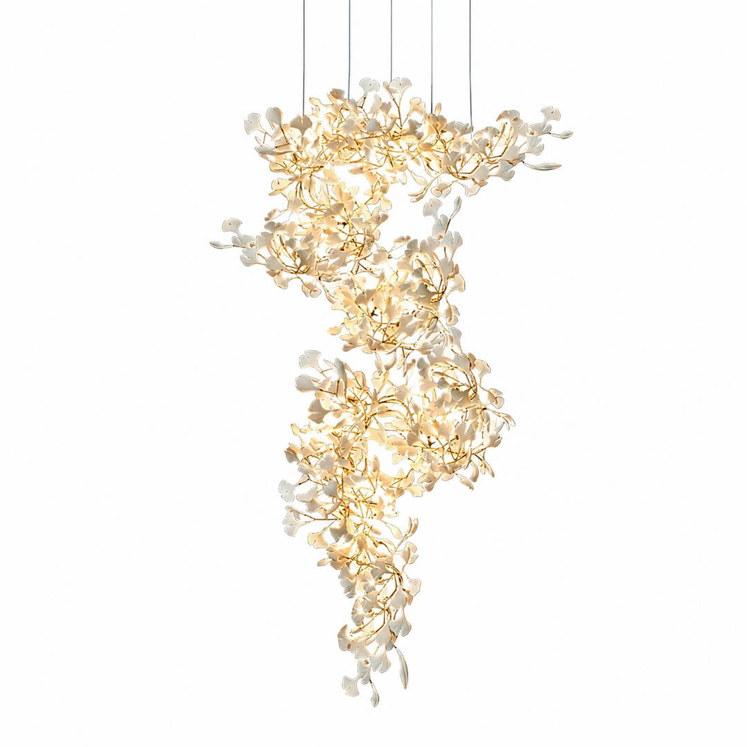Gingko Chandelier Style M Model D round vertical 47.2 inch handcrafted porcelain ginkgo leaves Rose Gold frame ceramic modern mid century dining primary bedroom statement white background