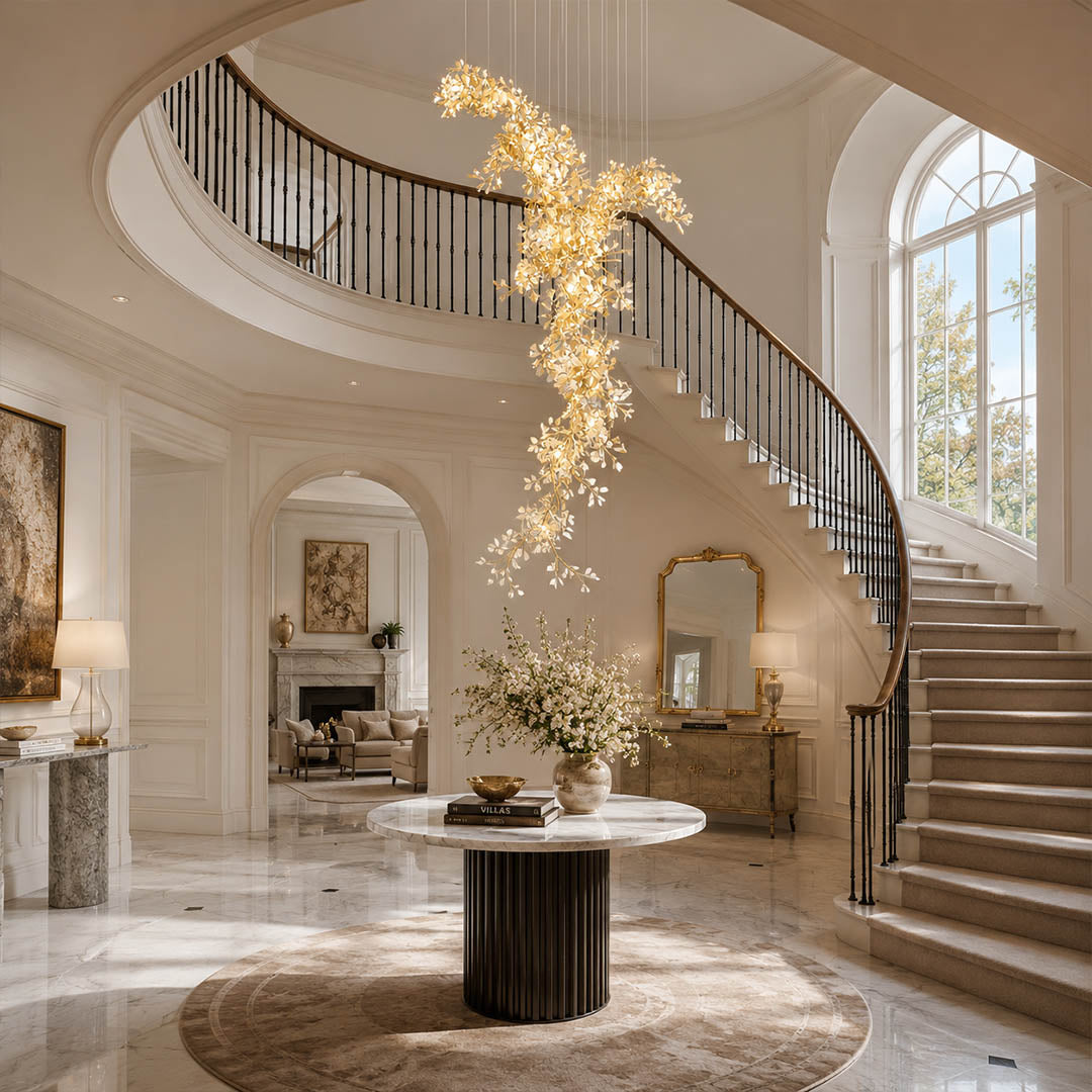 Gingko Chandelier Style M Model D round vertical staircase 3 story home statement architectural mid century modern warm ambient botanical lifestyle interior
