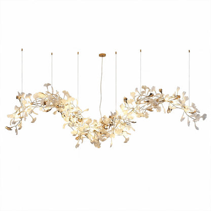 Gingko Chandelier Style M Model C horizontal linear 118 inch handcrafted porcelain ginkgo leaves Rose Gold frame ceramic modern mid century long dining table kitchen island white background