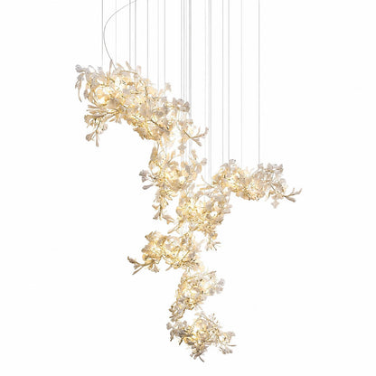 Gingko Chandelier Style M Model E flagship oversized 137.8 inch handcrafted porcelain ginkgo leaves Rose Gold frame ceramic statement mid century hotel lobby commercial architectural white background