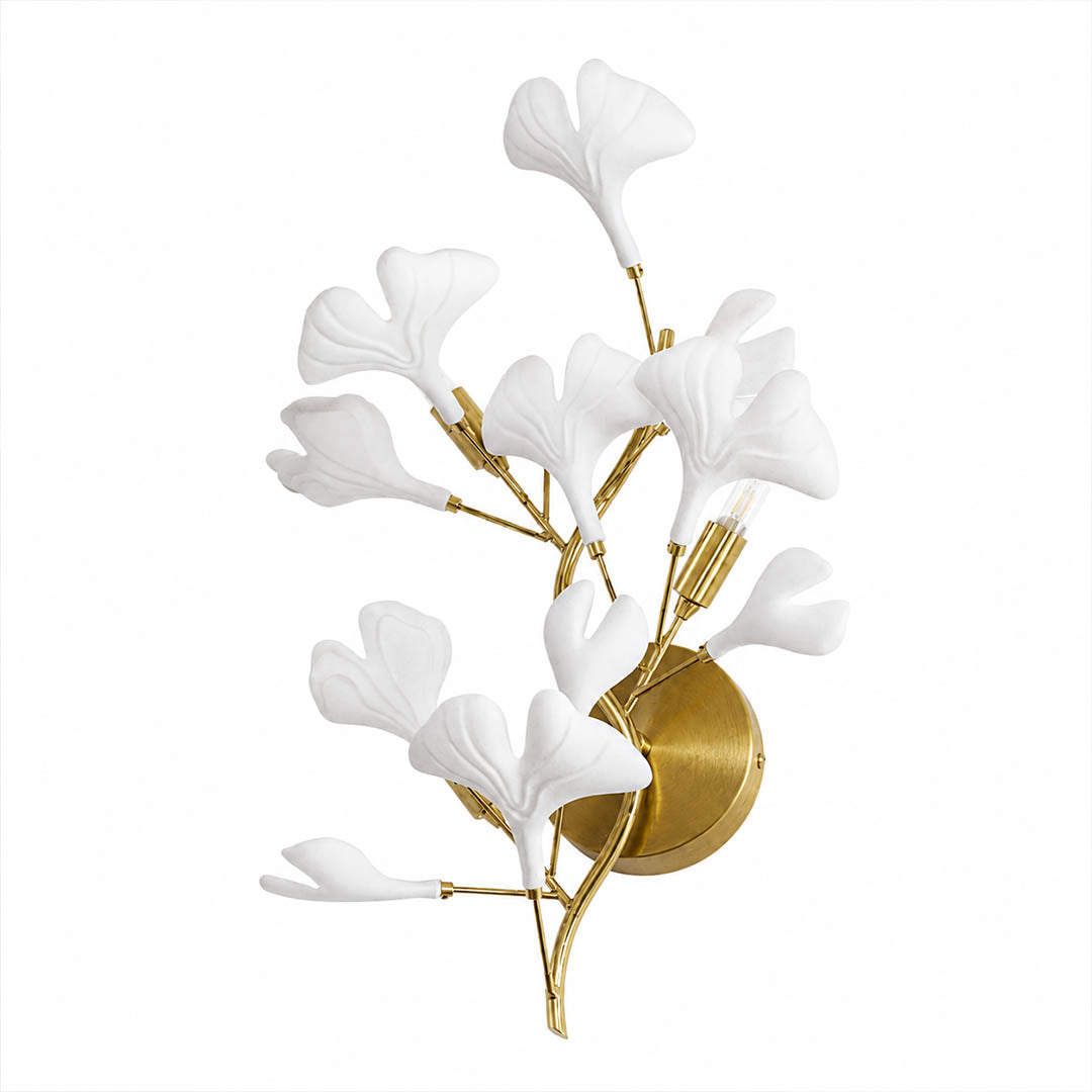 Gingko Sonia Wall Lamp small 13.8 inch handcrafted ceramic ginkgo leaves white porcelain gold metal branches 3 G9 sockets mid century art deco wall sconce living room hallway white background