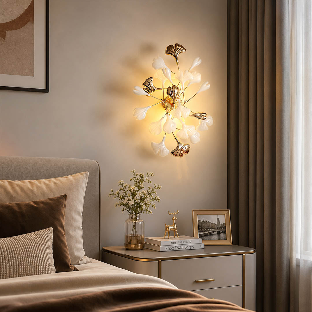 Gingko Sonia wall lamp pair matched bedside primary bedroom king bed nightstand alternative mid century art deco warm ambient lifestyle interior