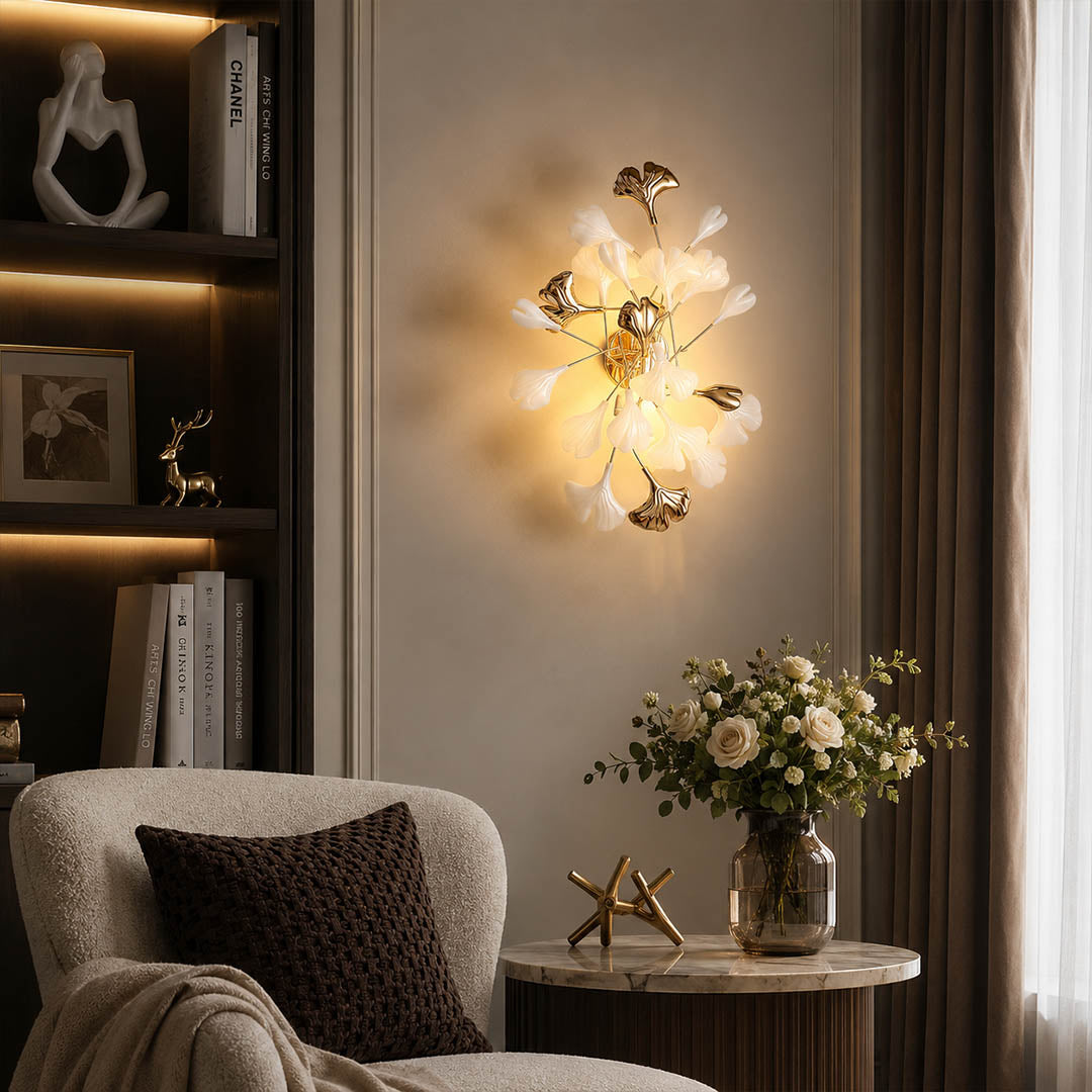 Gingko Sonia wall lamp living room accent wall statement above credenza mid century modern walnut warm ambient sculptural lifestyle interior