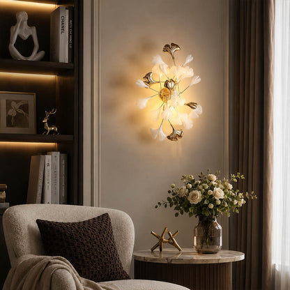 Gingko Sonia wall lamp living room accent wall statement above credenza mid century modern walnut warm ambient sculptural lifestyle interior