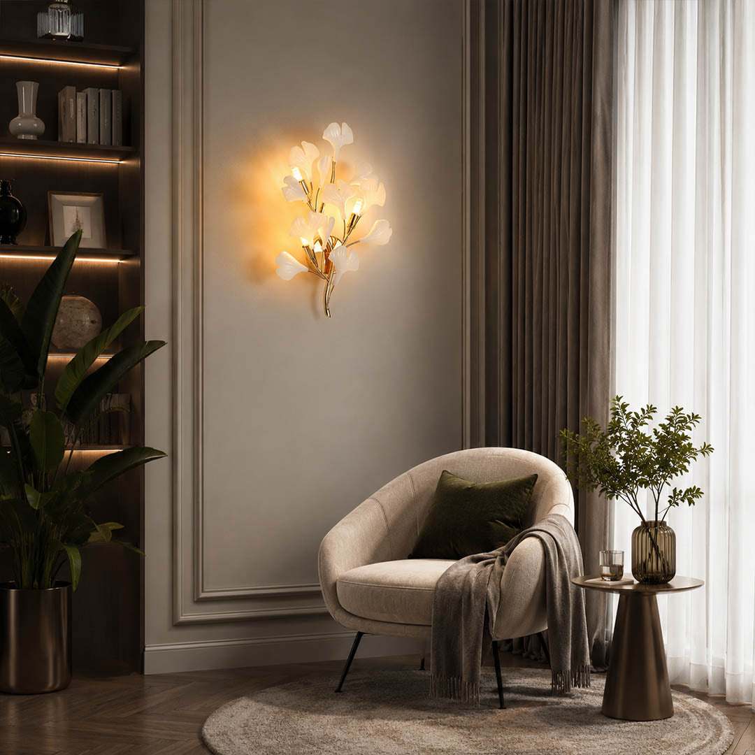Gingko Sonia wall lamp above sofa living room mid century modern seating group warm ambient sculptural botanical lifestyle interior