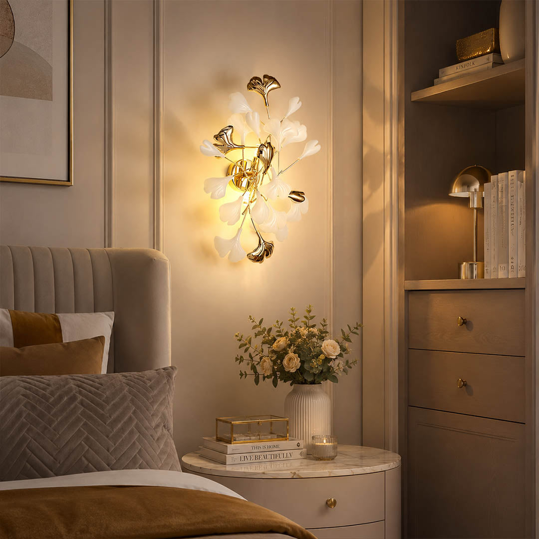 Gingko Sonia wall lamp pair matched bedside primary bedroom king bed nightstand alternative mid century art deco warm ambient lifestyle interior
