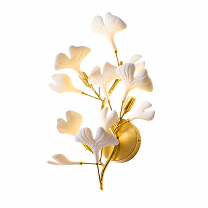 Gingko Sonia Wall Lamp small 13.8 inch handcrafted ceramic ginkgo leaves white porcelain gold metal branches 3 G9 sockets mid century art deco wall sconce living room hallway white background