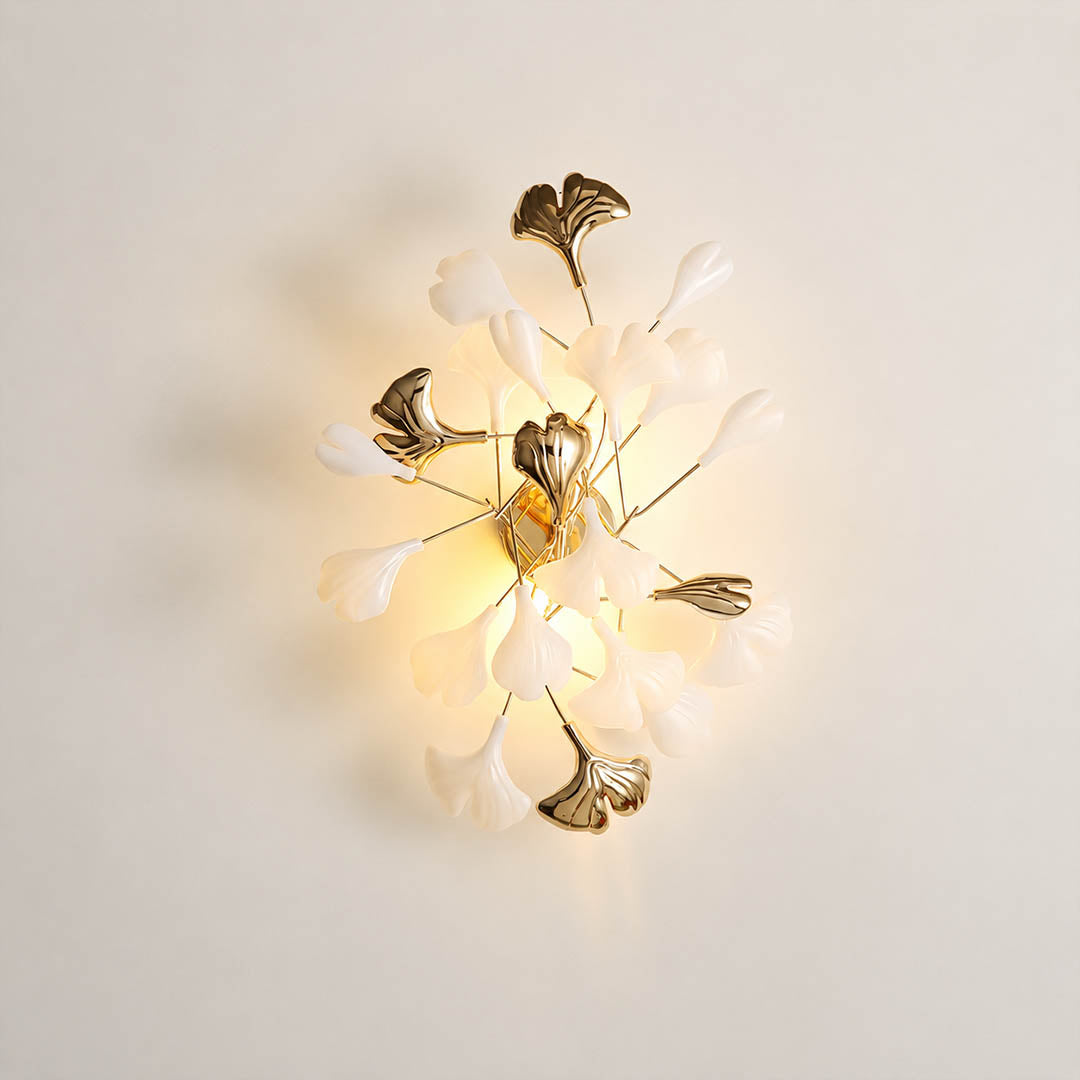 Gingko Sonia wall lamp illuminated warm G9 evening ambient glow wall wash sculptural shadow atmospheric detail close up