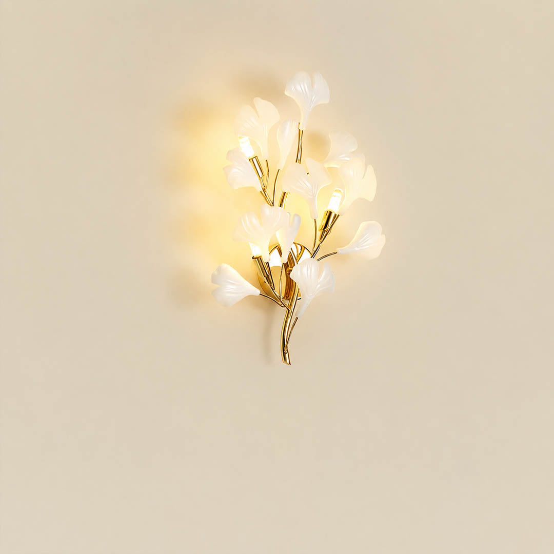 Gingko Sonia Wall Lamp small 13.8 inch handcrafted ceramic ginkgo leaves white porcelain gold metal branches 3 G9 sockets mid century art deco wall sconce living room hallway white background