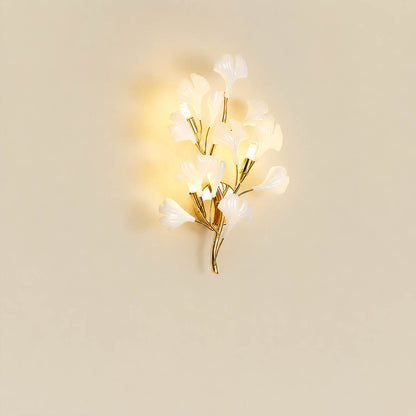Gingko Sonia Wall Lamp small 13.8 inch handcrafted ceramic ginkgo leaves white porcelain gold metal branches 3 G9 sockets mid century art deco wall sconce living room hallway white background