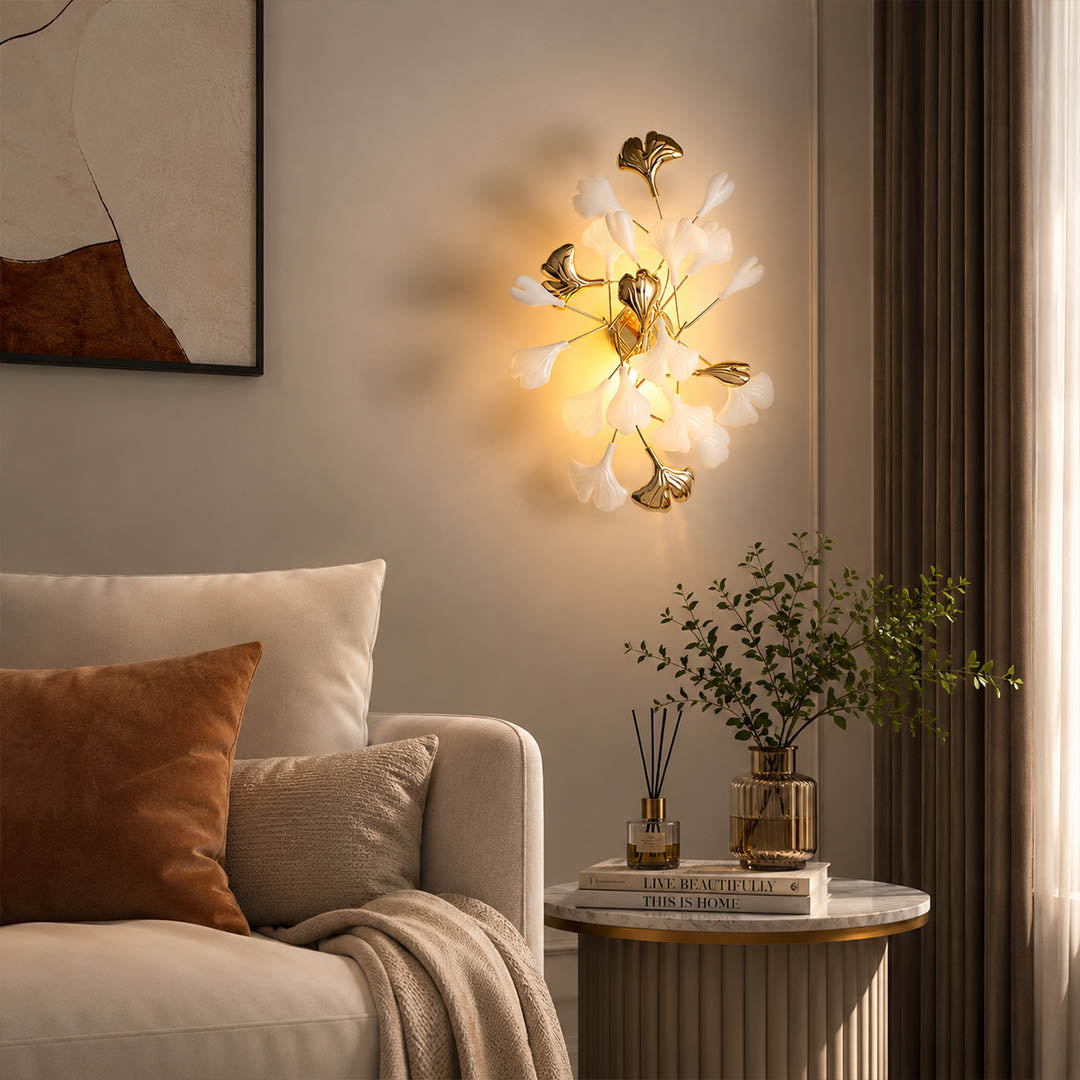 Gingko Sonia wall lamp above sofa living room mid century modern seating group warm ambient sculptural botanical lifestyle interior