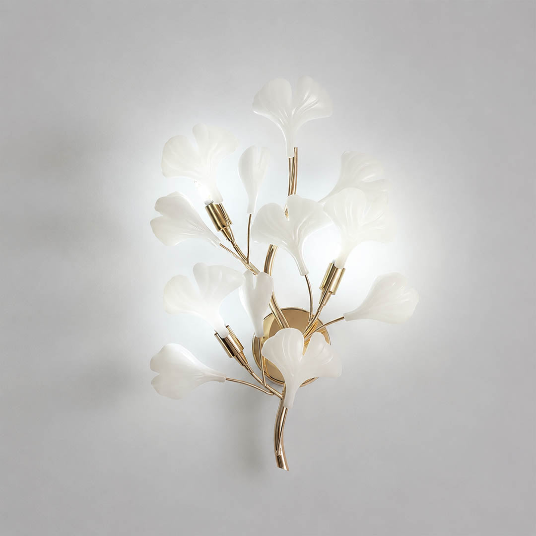 Gingko Sonia Wall Lamp small 13.8 inch handcrafted ceramic ginkgo leaves white porcelain gold metal branches 3 G9 sockets mid century art deco wall sconce living room hallway white background